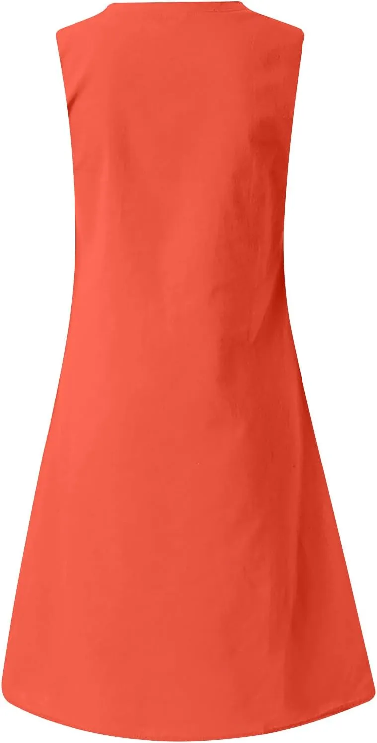 Mini Dresses for Women 2025 Summer Plus Size Sleeveless V Neck Mini Dress Casual Loose Cotton Linen Beach Sundress