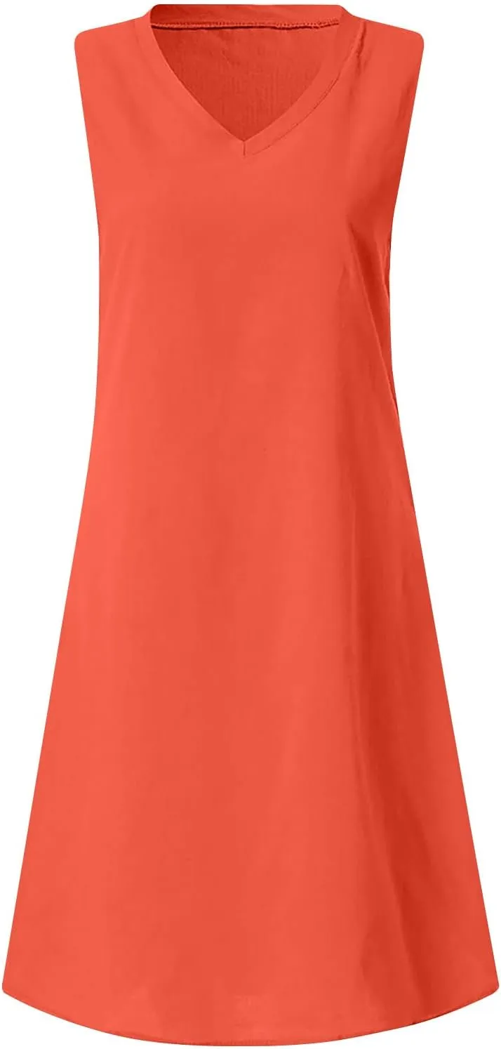Mini Dresses for Women 2025 Summer Plus Size Sleeveless V Neck Mini Dress Casual Loose Cotton Linen Beach Sundress