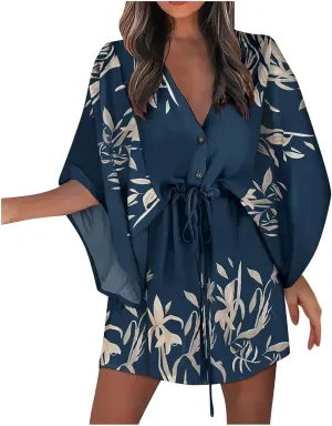 Mini Dresses for Women Summer Boho Floral V Neck Batwing Sleeve Tiered Ruffle Dress Empire Waist Flowy A Line Vacation Dress