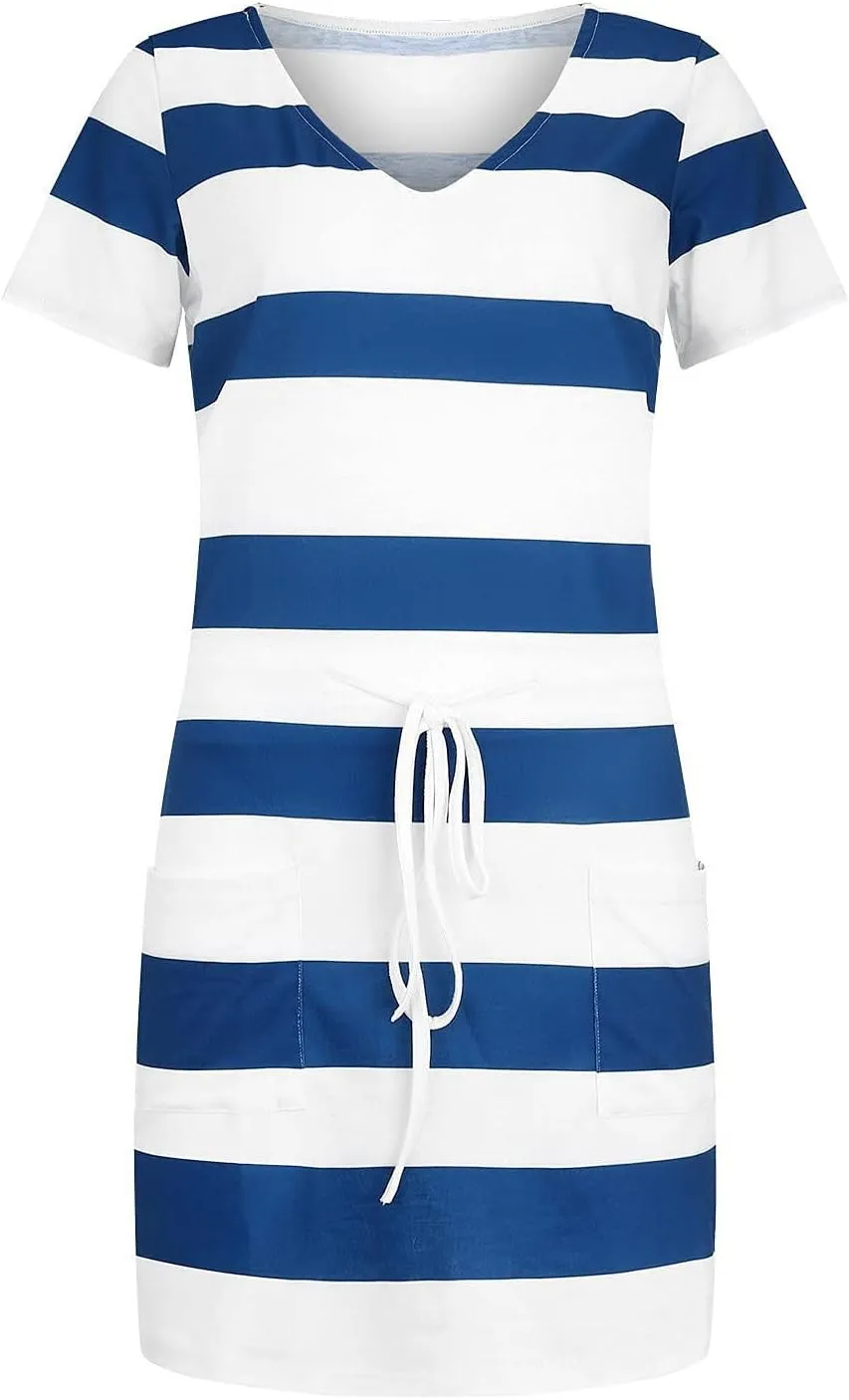 Mini Short Sleeve Dress for Women V Neck Elastic Waist Striped Dress Baggy Boho Beach Vacation Sundress with Pockets