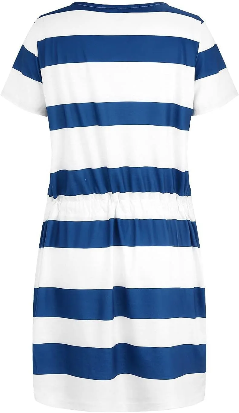 Mini Short Sleeve Dress for Women V Neck Elastic Waist Striped Dress Baggy Boho Beach Vacation Sundress with Pockets