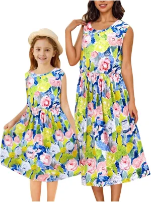 Mommy and Me Family Matching Dresses Summer Floral Print Dress Ruffle A-Line Flowy Beach Sundresses Sleeveless Dress