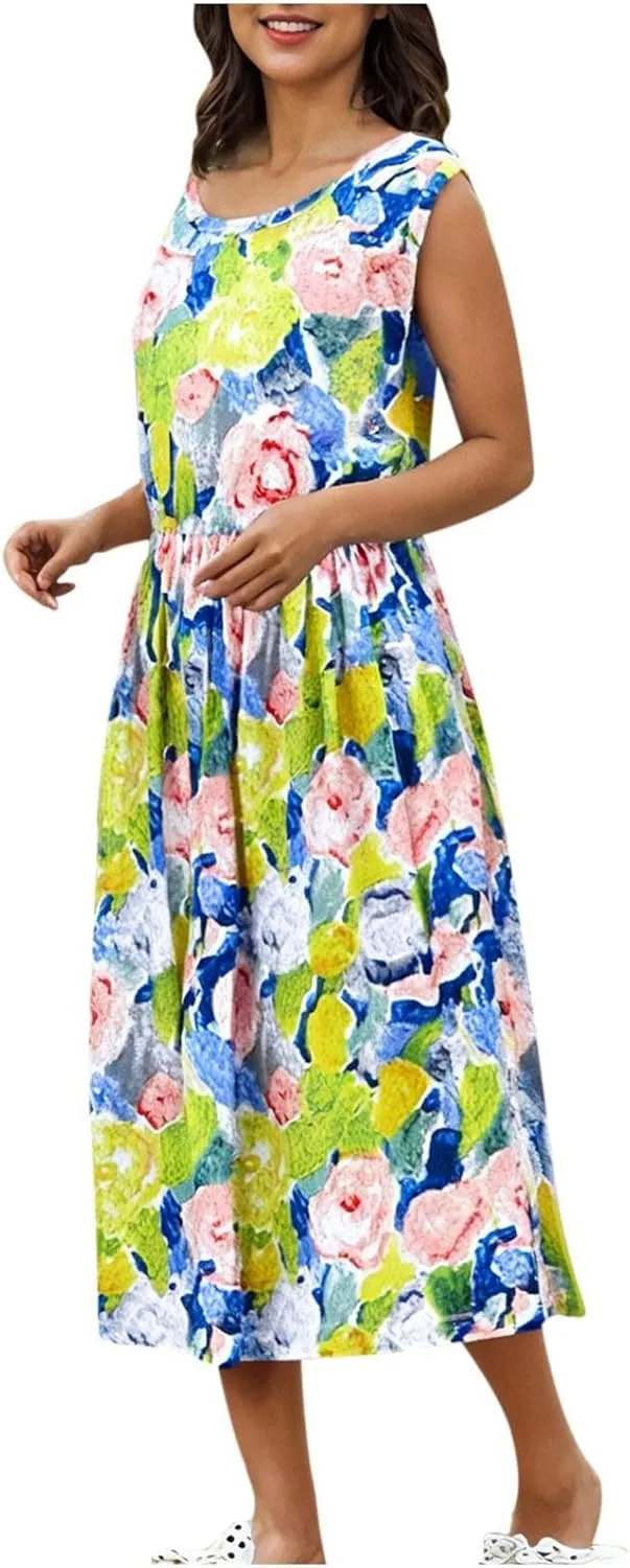 Mommy and Me Family Matching Dresses Summer Floral Print Dress Ruffle A-Line Flowy Beach Sundresses Sleeveless Dress