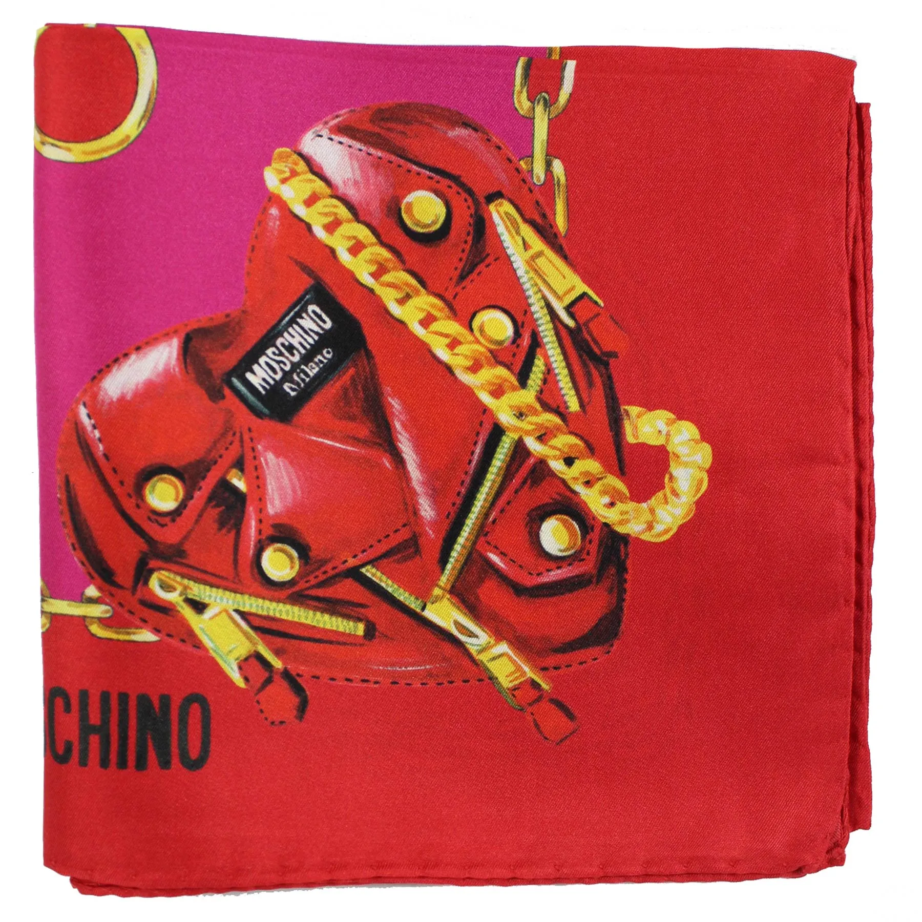 Moschino Silk Scarf Red Hot Pink Gold Moschino Heart Accessories - Medium Square SALE