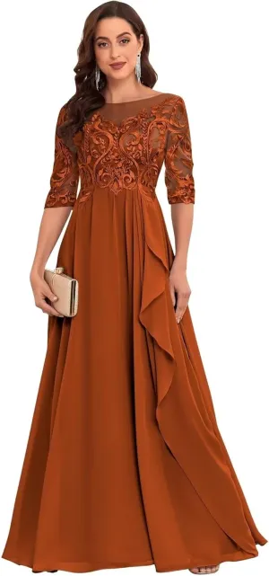 Mother of The Bride Dress for Women Short Sleeves Long Laces Applique Chiffon Wedding Evening Formal Party Gowns