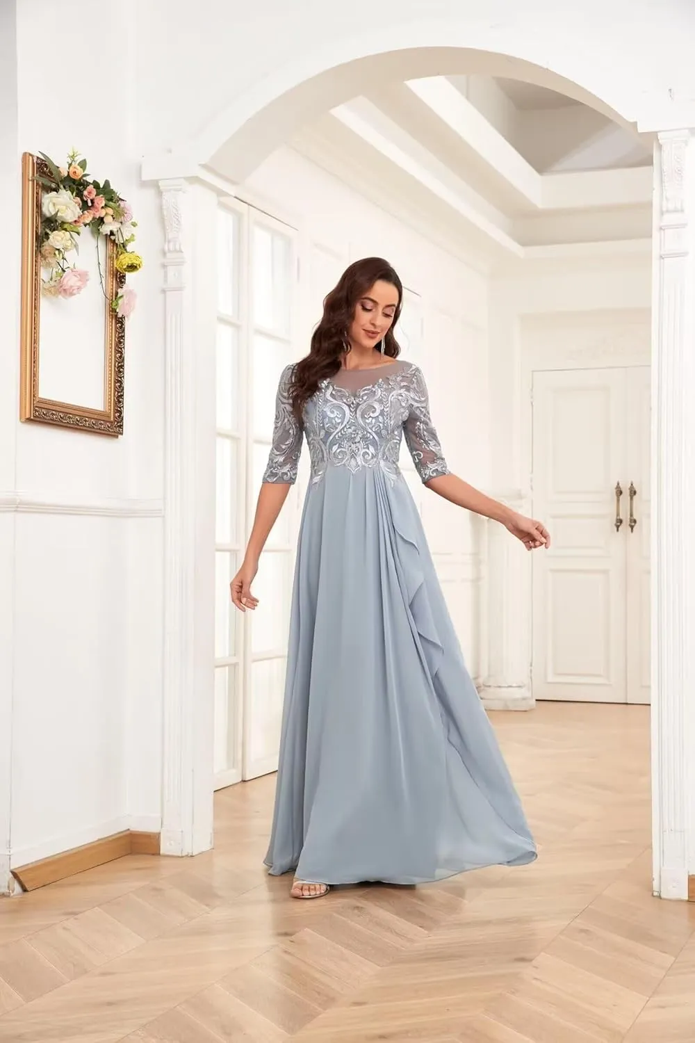 Mother of The Bride Dress for Women Short Sleeves Long Laces Applique Chiffon Wedding Evening Formal Party Gowns