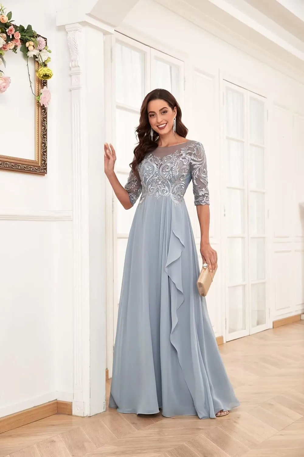 Mother of The Bride Dress for Women Short Sleeves Long Laces Applique Chiffon Wedding Evening Formal Party Gowns
