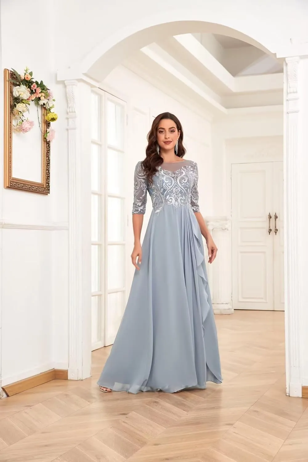 Mother of The Bride Dress for Women Short Sleeves Long Laces Applique Chiffon Wedding Evening Formal Party Gowns