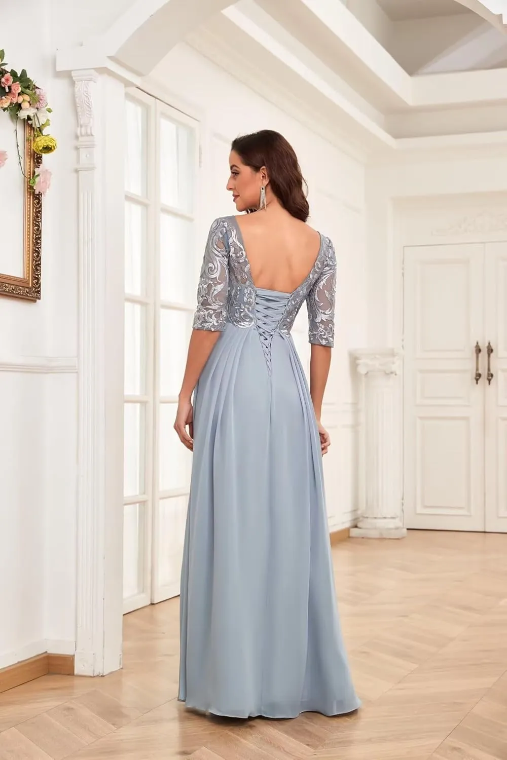 Mother of The Bride Dress for Women Short Sleeves Long Laces Applique Chiffon Wedding Evening Formal Party Gowns