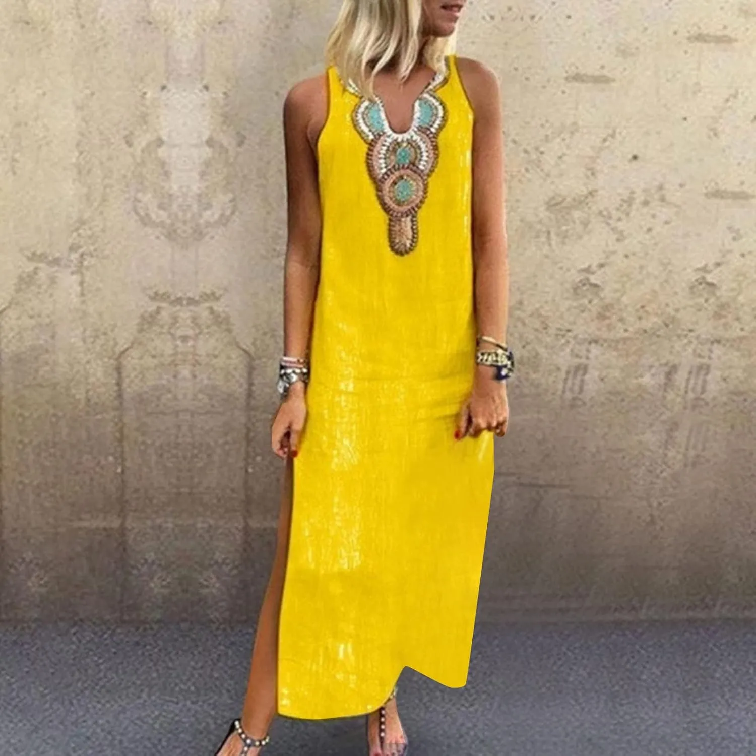 NaRHbrg Women's Boho Maxi Dress Sleeveless V-Neck Embroidered Casual Beach Long Dresses Sundress for Summer
