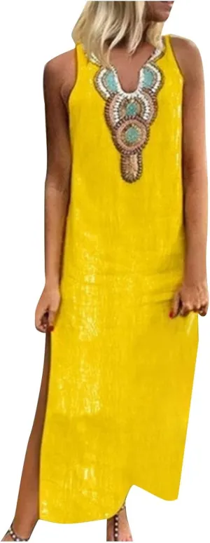 NaRHbrg Women's Boho Maxi Dress Sleeveless V-Neck Embroidered Casual Beach Long Dresses Sundress for Summer