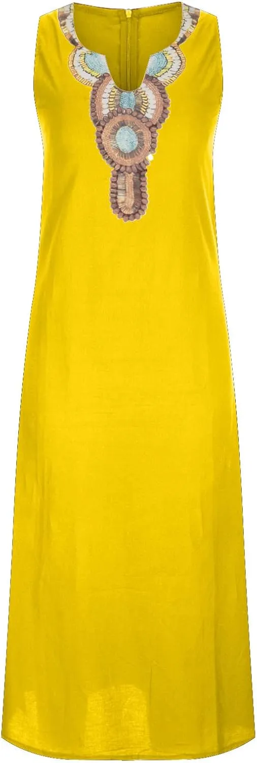 NaRHbrg Women's Boho Maxi Dress Sleeveless V-Neck Embroidered Casual Beach Long Dresses Sundress for Summer