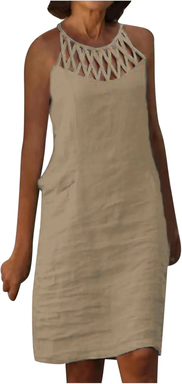 NaRHbrg Women's Summer Halter Dress Sleeveless Hollow Out Loose Fit Mini Dresses Casual Beach Sundress for Vacation