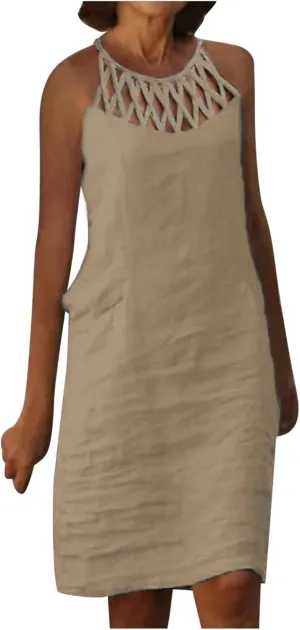 NaRHbrg Women's Summer Halter Dress Sleeveless Hollow Out Loose Fit Mini Dresses Casual Beach Sundress for Vacation