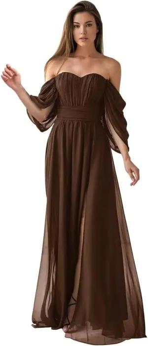 Off The Shoulder Bridesmaid Dresses with Slit Chiffon Sweetheart Ruched Long Formal Gown with Pockets IMC033