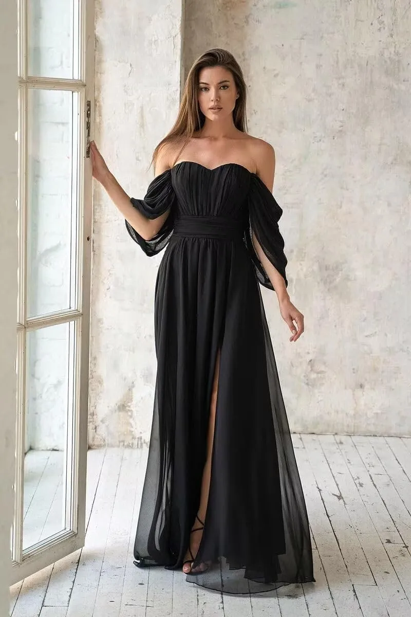 Off The Shoulder Bridesmaid Dresses with Slit Chiffon Sweetheart Ruched Long Formal Gown with Pockets IMC033