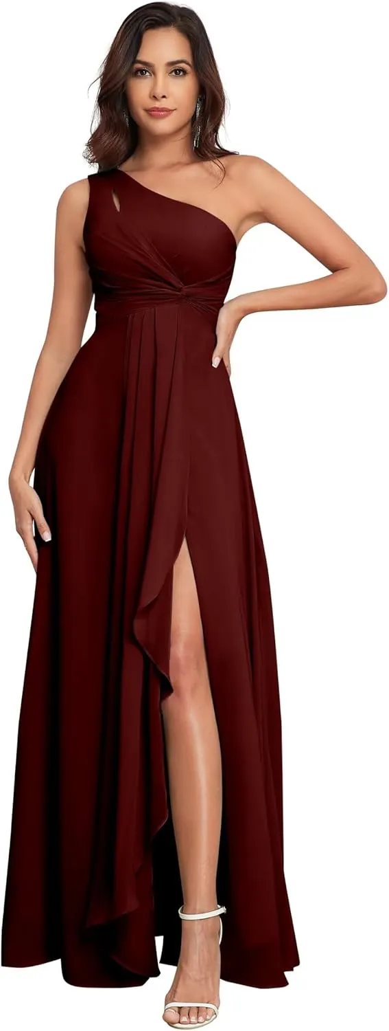 One Shoulder Bridesmaid Dresses for Women Chiffon Long Ruched Formal Evening Dress for Wedding 2025