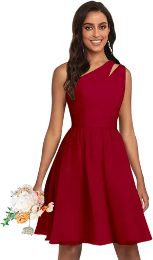 One Shoulder Bridesmaid Dresses Short Chiffon A-line Above Knee Formal Wedding Guest Dress with Pockets