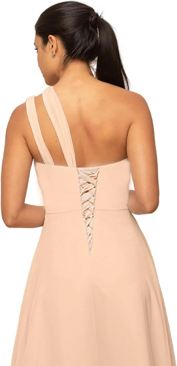 One Shoulder Bridesmaid Dresses Short Chiffon A-line Above Knee Formal Wedding Guest Dress with Pockets