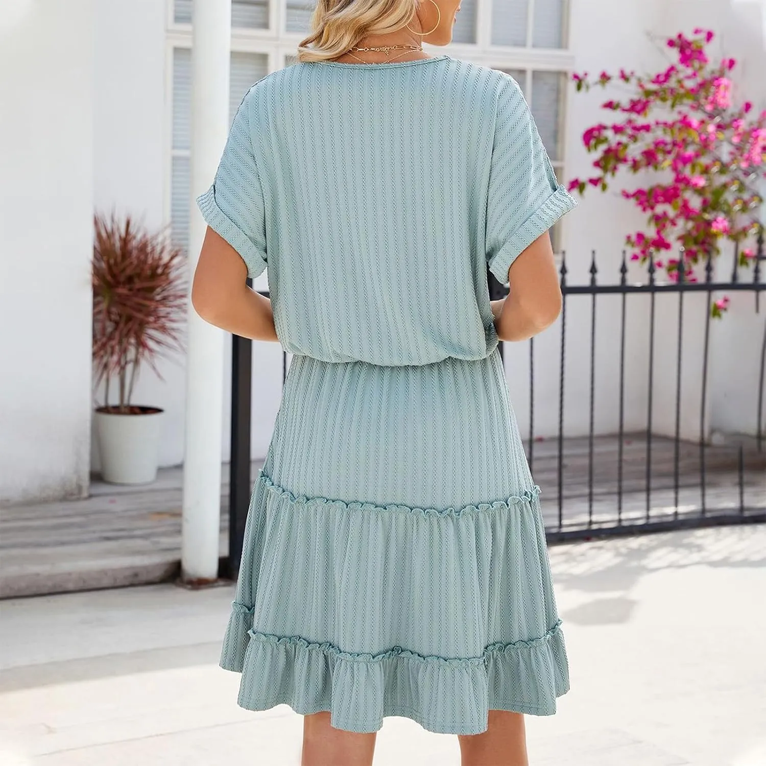 Oplxuo Women's Mini Dress Casual V Neck Short Sleeve Roll Up Tiered Ruffle Hem Summer Beach Sundresses