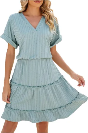 Oplxuo Women's Mini Dress Casual V Neck Short Sleeve Roll Up Tiered Ruffle Hem Summer Beach Sundresses