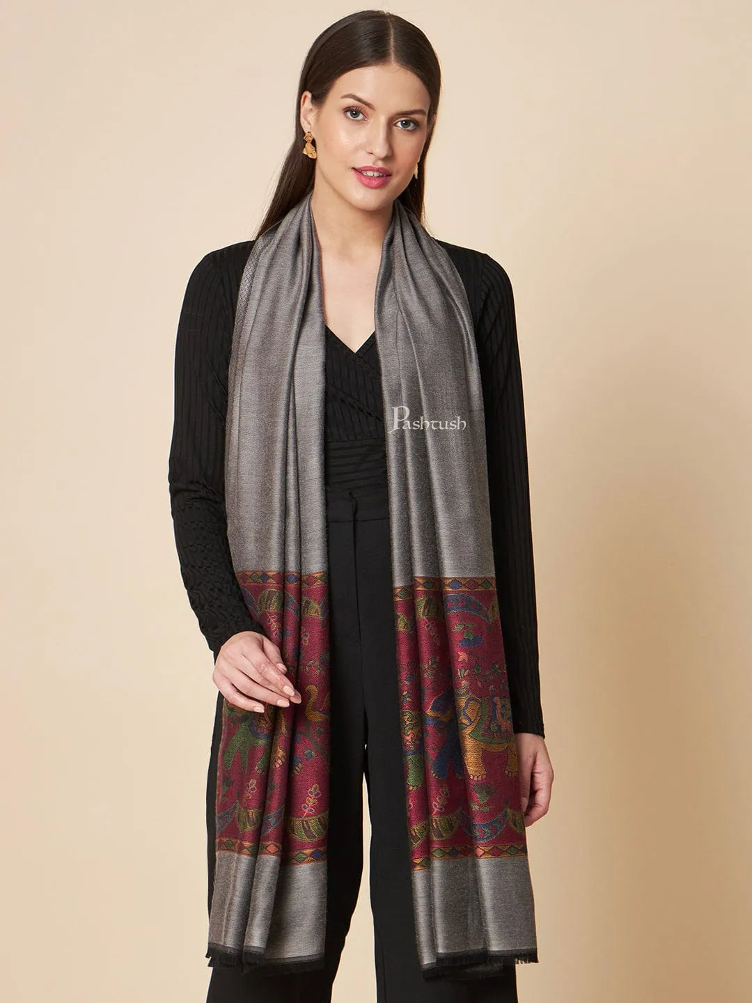 Pashtush Womens Bamboo Stole, Royal Elephants Palla Design, Grey