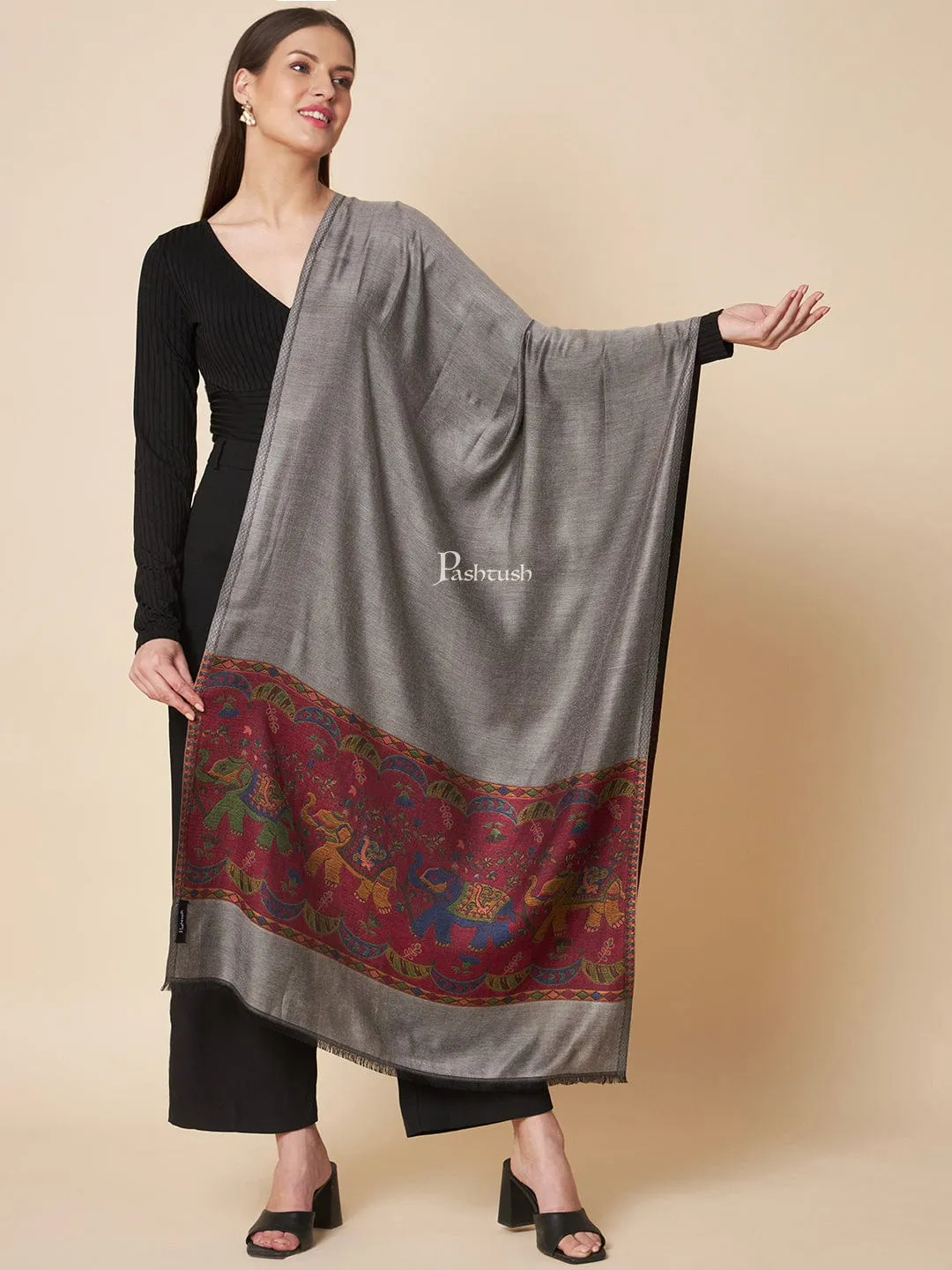 Pashtush Womens Bamboo Stole, Royal Elephants Palla Design, Grey