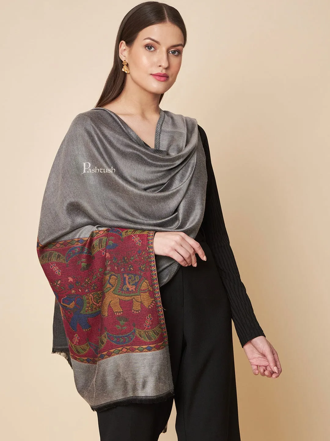 Pashtush Womens Bamboo Stole, Royal Elephants Palla Design, Grey