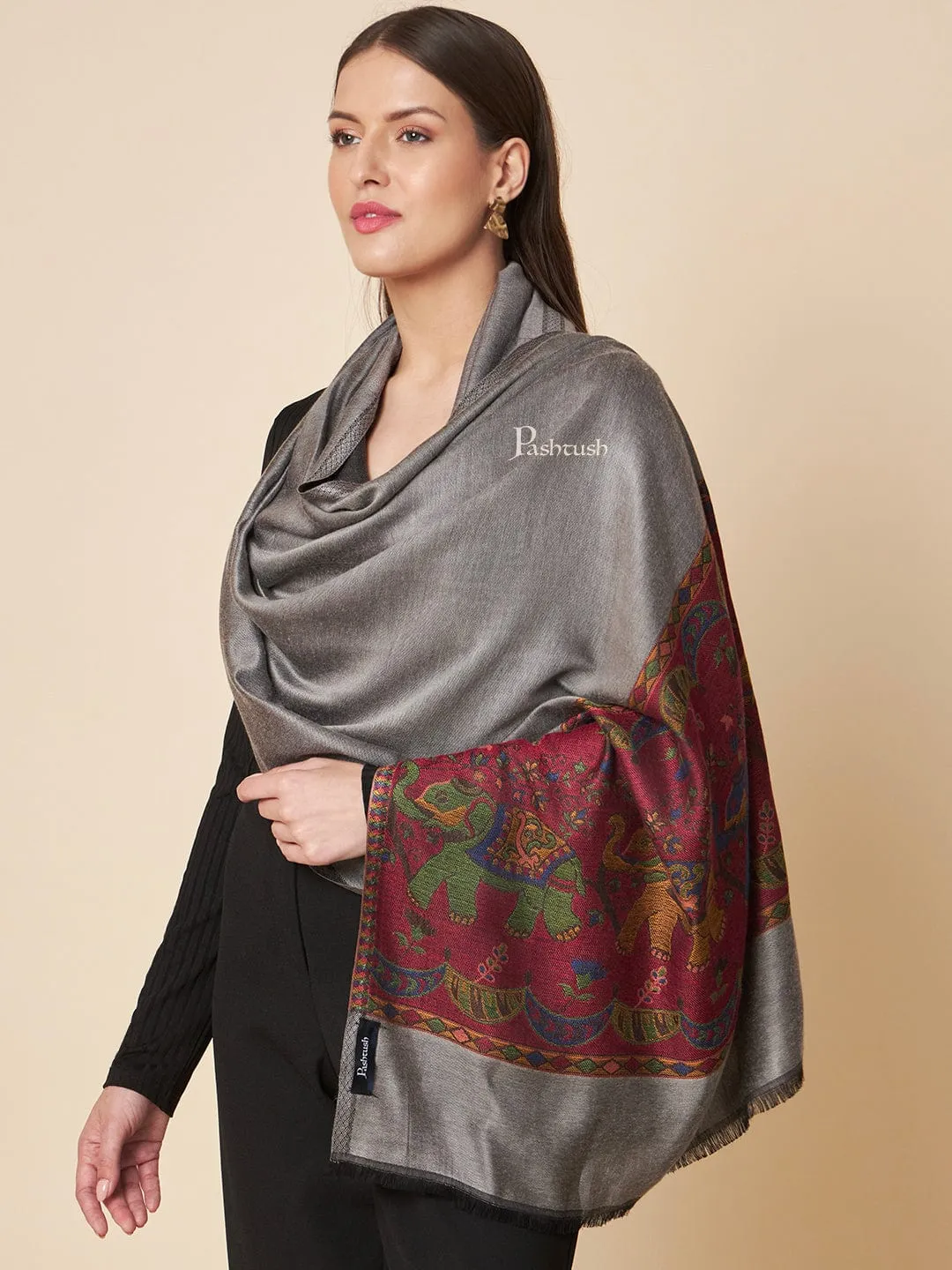 Pashtush Womens Bamboo Stole, Royal Elephants Palla Design, Grey