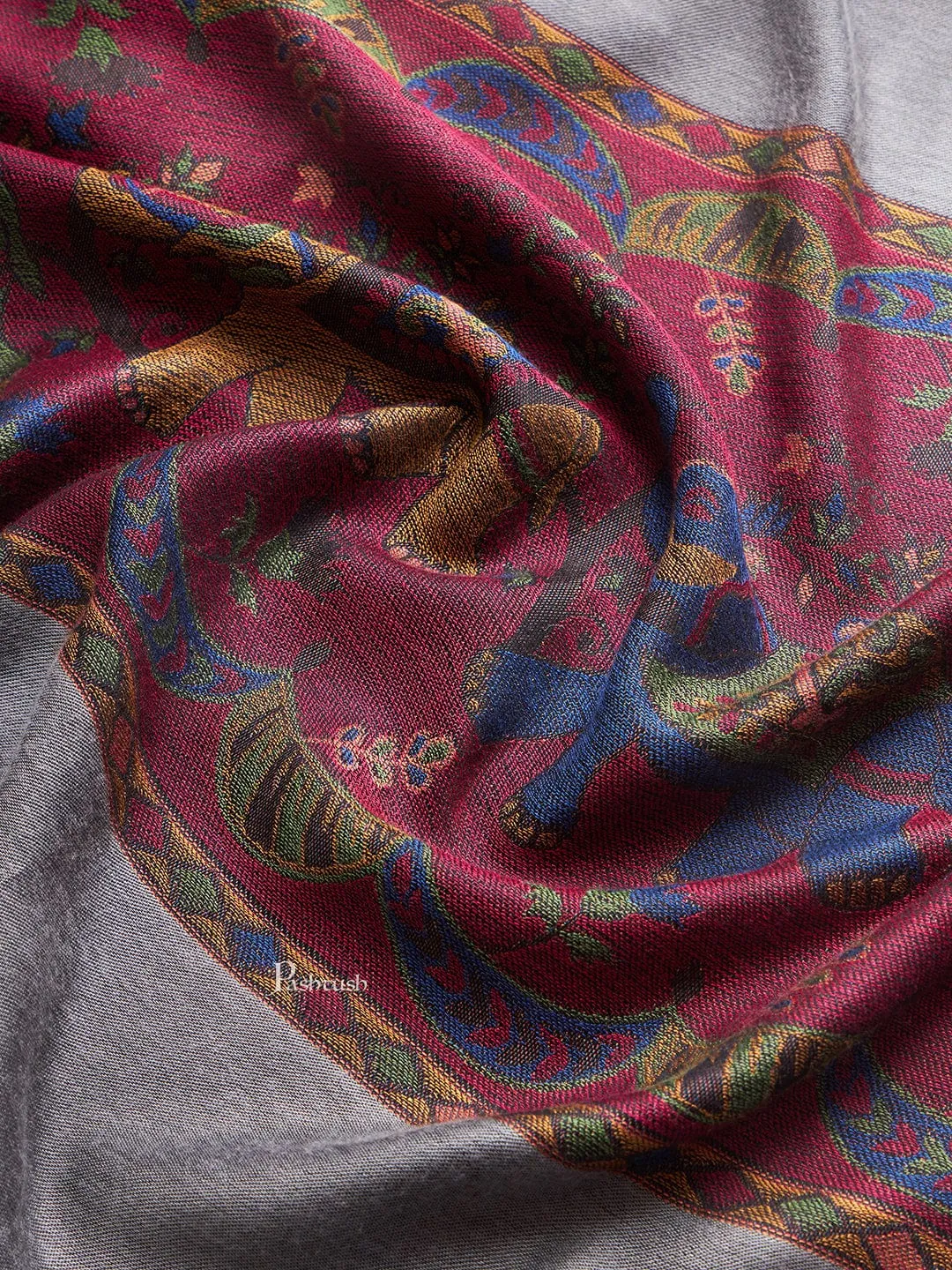 Pashtush Womens Bamboo Stole, Royal Elephants Palla Design, Grey