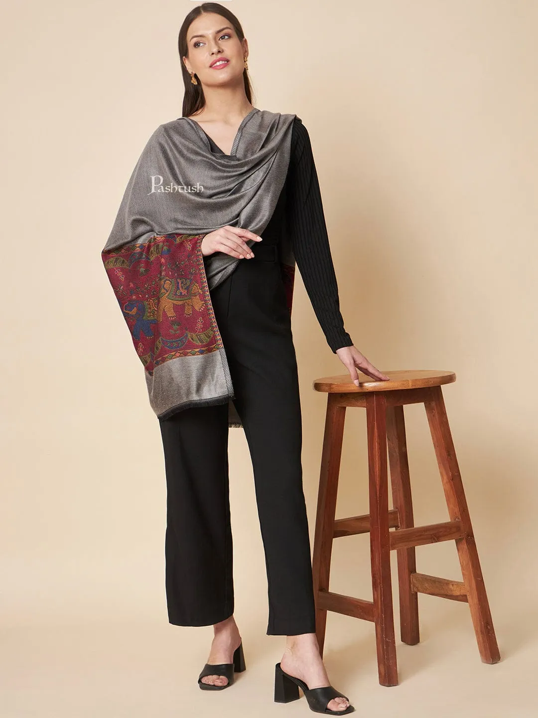Pashtush Womens Bamboo Stole, Royal Elephants Palla Design, Grey