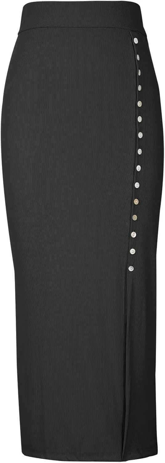 Pencil Skirt for Women Rib Knit Midi Skirt with Split High Waisted Bodycon Skirt Stretch Long Skirt Business Skirts