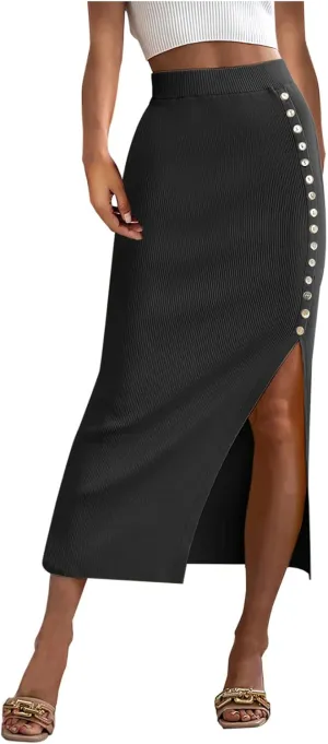 Pencil Skirt for Women Rib Knit Midi Skirt with Split High Waisted Bodycon Skirt Stretch Long Skirt Business Skirts