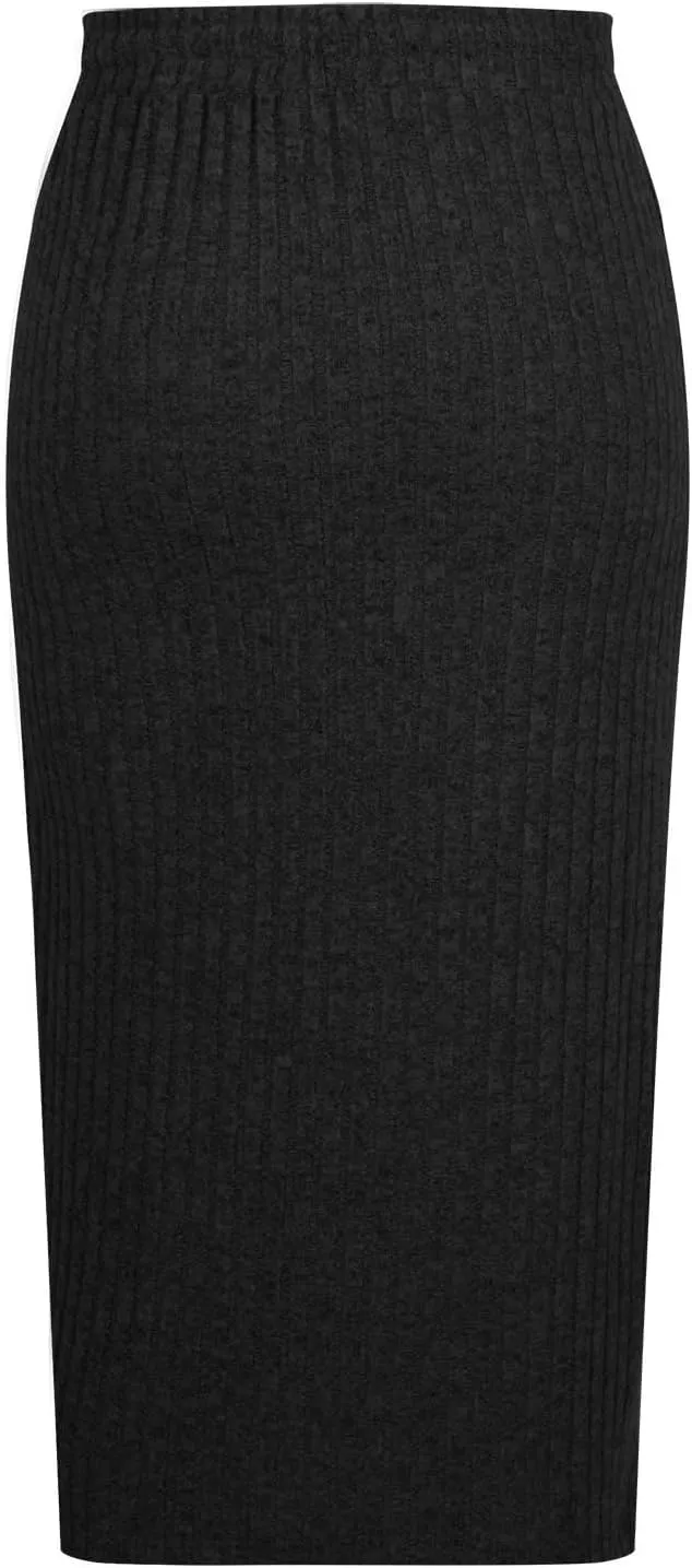Pencil Skirts for Women Casual Solid Color Knit Ribbed High Waist Lace Up Bodycon Midi Skirts