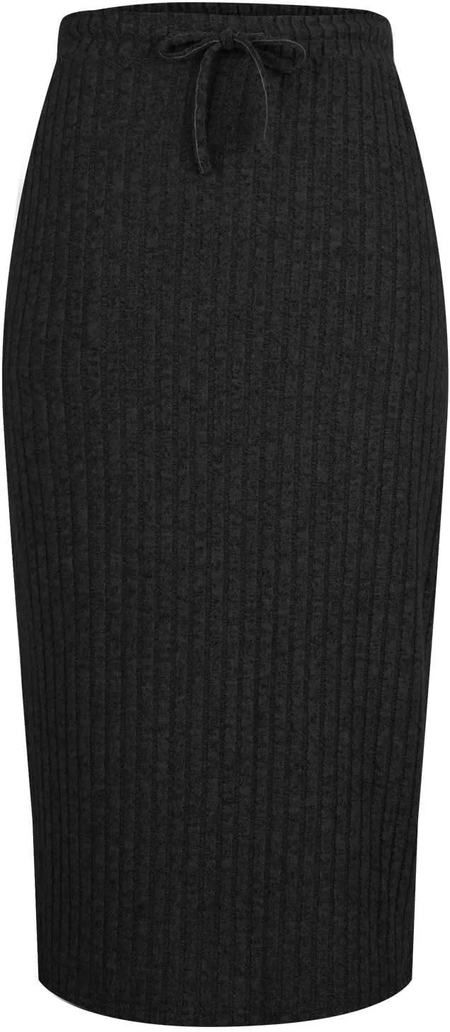 Pencil Skirts for Women Casual Solid Color Knit Ribbed High Waist Lace Up Bodycon Midi Skirts