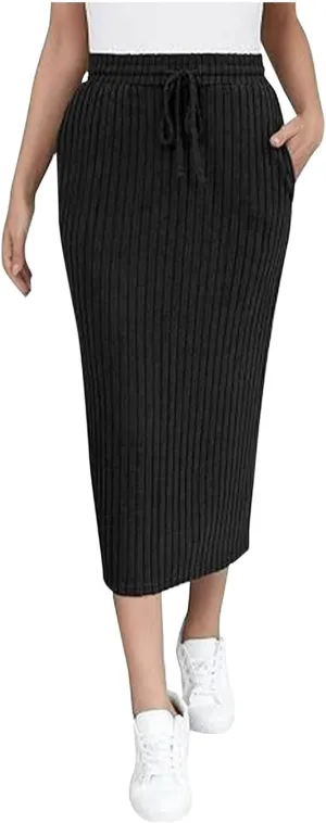 Pencil Skirts for Women Casual Solid Color Knit Ribbed High Waist Lace Up Bodycon Midi Skirts