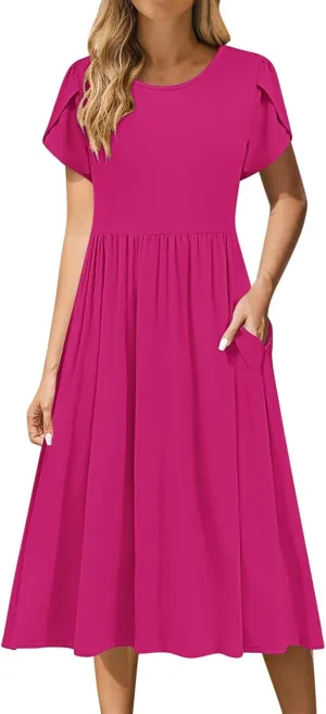 Petal Short Sleeve Midi Dresses for Women with Pockets Summer Casual Flowy Pleated A Line Swing Beach Vacation Dress