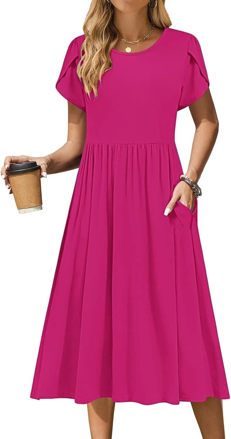 Petal Short Sleeve Midi Dresses for Women with Pockets Summer Casual Flowy Pleated A Line Swing Beach Vacation Dress
