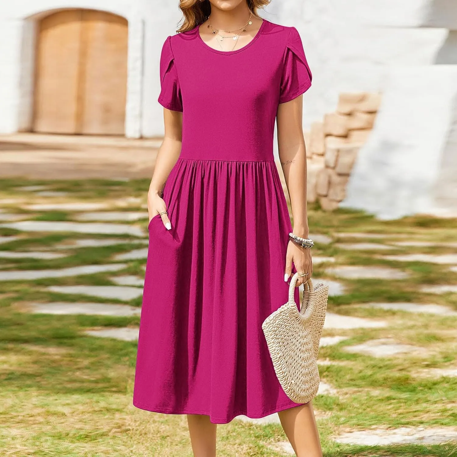 Petal Short Sleeve Midi Dresses for Women with Pockets Summer Casual Flowy Pleated A Line Swing Beach Vacation Dress