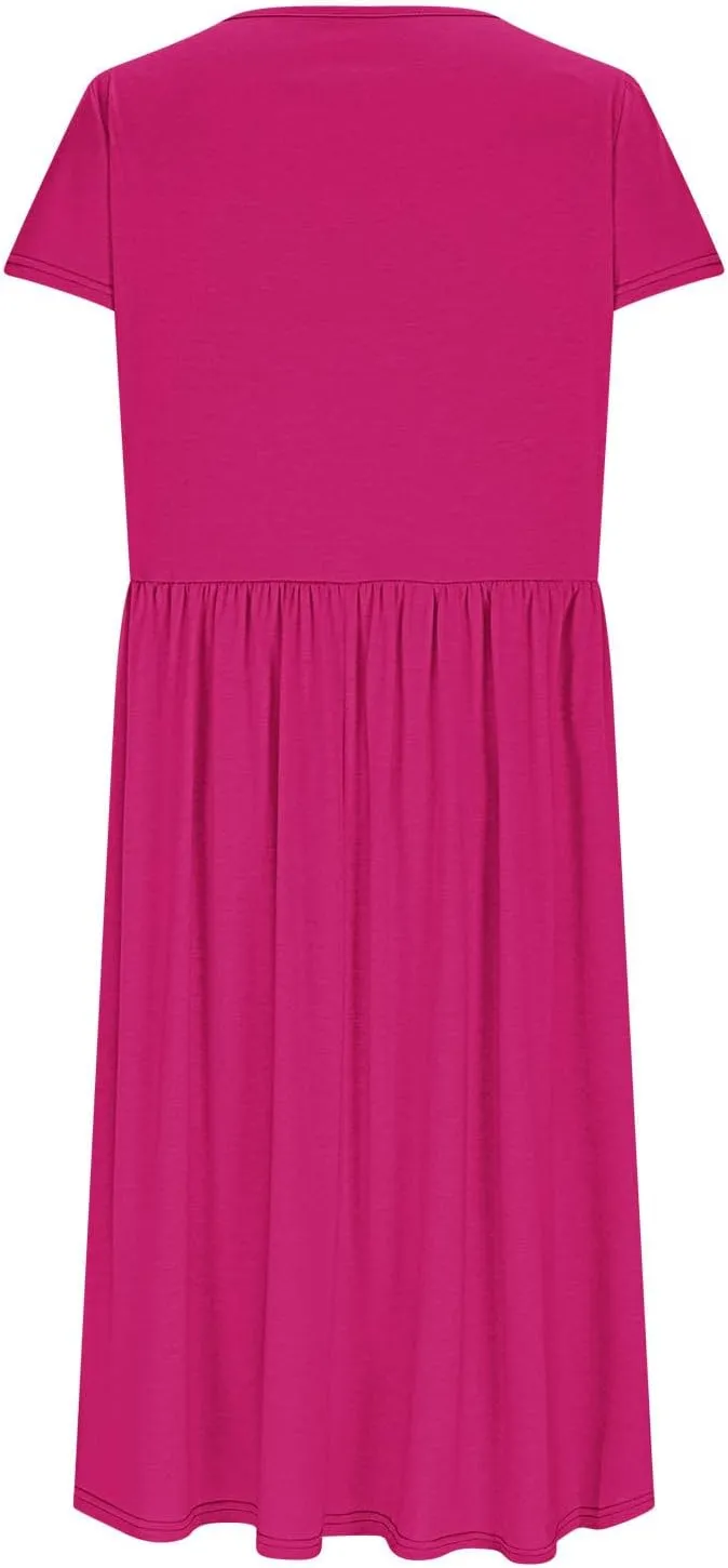 Petal Short Sleeve Midi Dresses for Women with Pockets Summer Casual Flowy Pleated A Line Swing Beach Vacation Dress