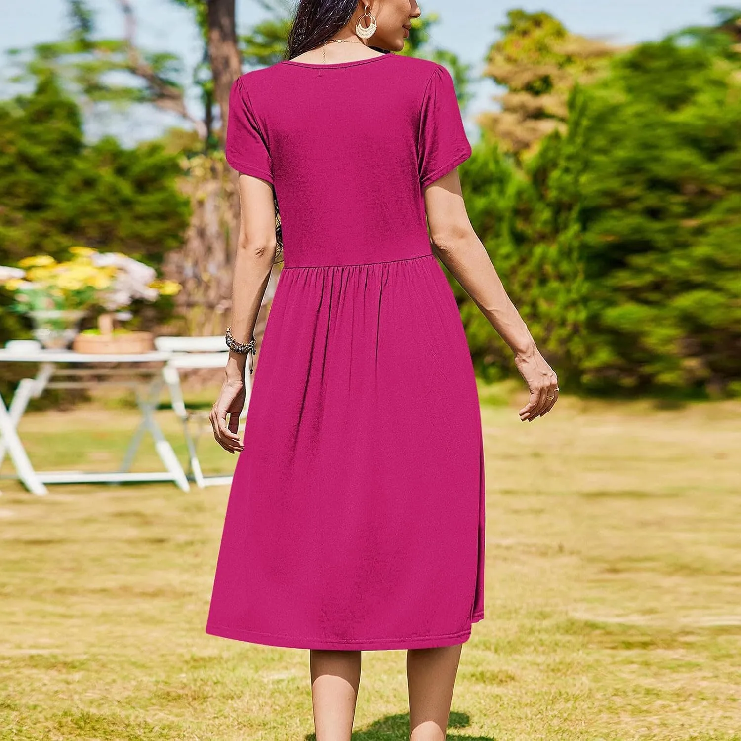 Petal Short Sleeve Midi Dresses for Women with Pockets Summer Casual Flowy Pleated A Line Swing Beach Vacation Dress