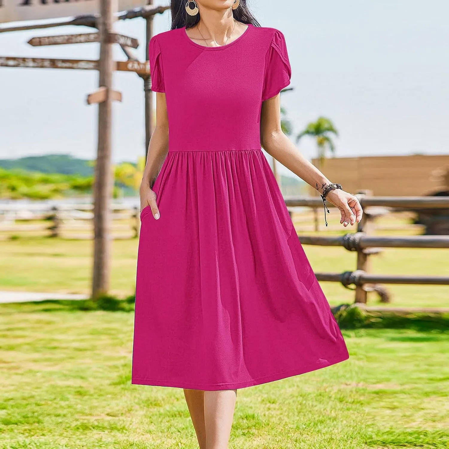 Petal Short Sleeve Midi Dresses for Women with Pockets Summer Casual Flowy Pleated A Line Swing Beach Vacation Dress