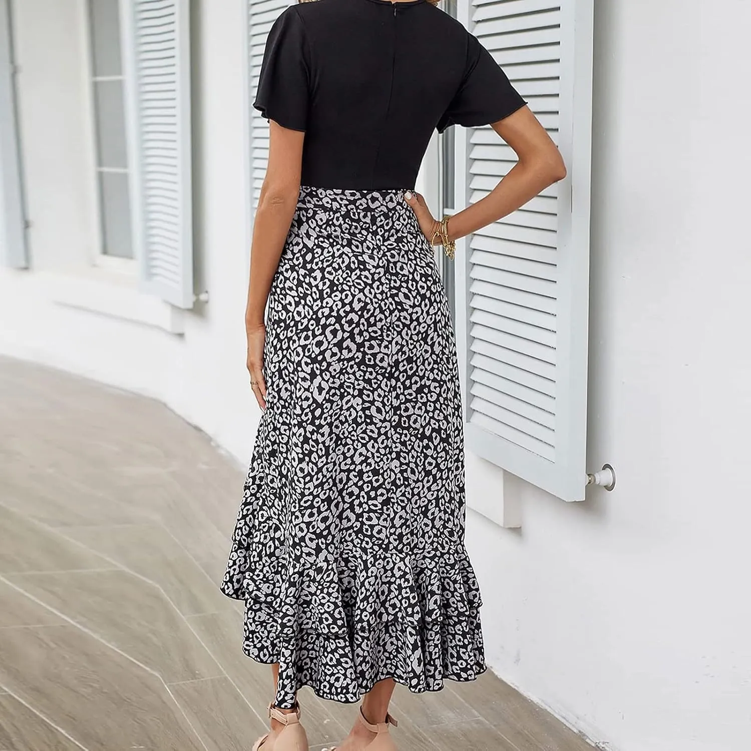 PETYCZEN Summer Dresses for Women 2023 Sexy Short Sleeve Side Slit Midi Dress Boho Floral Patchwork Ruffle Beach Party Dress