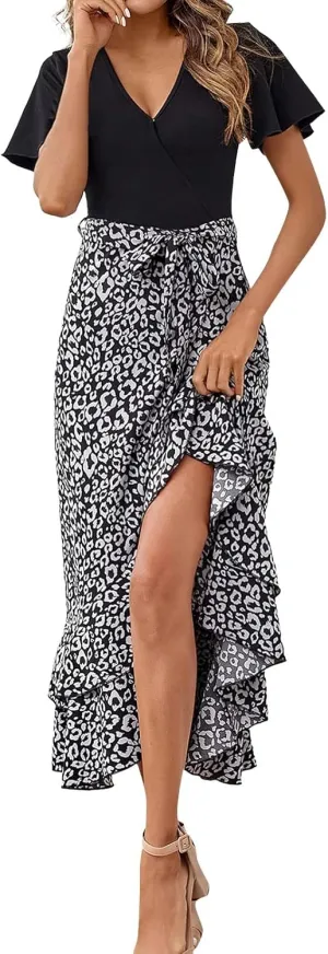 PETYCZEN Summer Dresses for Women 2023 Sexy Short Sleeve Side Slit Midi Dress Boho Floral Patchwork Ruffle Beach Party Dress