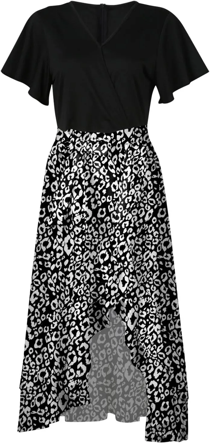 PETYCZEN Summer Dresses for Women 2023 Sexy Short Sleeve Side Slit Midi Dress Boho Floral Patchwork Ruffle Beach Party Dress