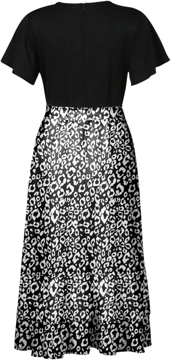 PETYCZEN Summer Dresses for Women 2023 Sexy Short Sleeve Side Slit Midi Dress Boho Floral Patchwork Ruffle Beach Party Dress