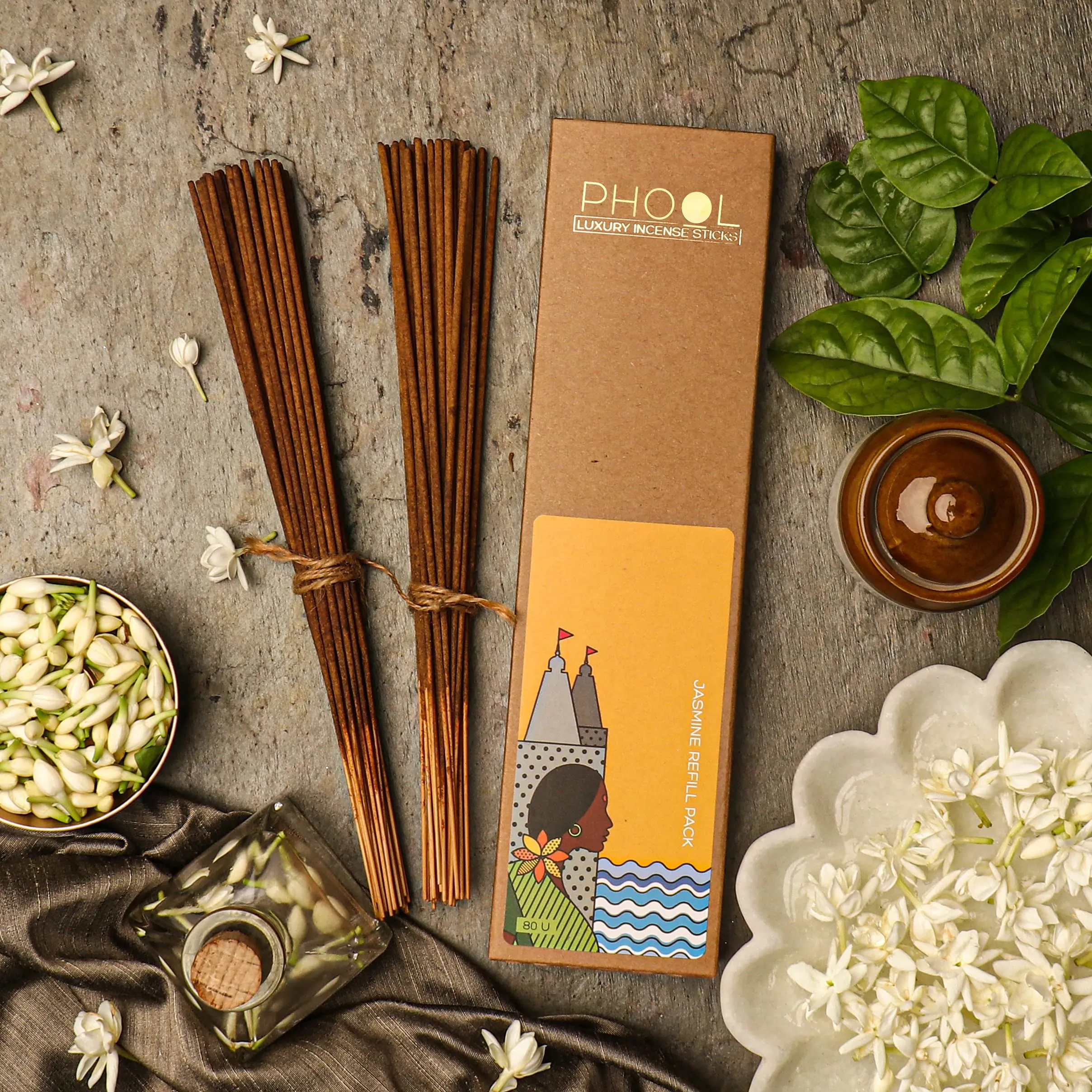 PHOOL LUXURY INCENSE Jasmine Incense Sticks | Special Navratri & Gudi Padwa Pack | Pack Of 80 Jasmine Agarbatti | Sulpher & Charcoal Free | 100% Organic (200 Gms) | Refill Pack
