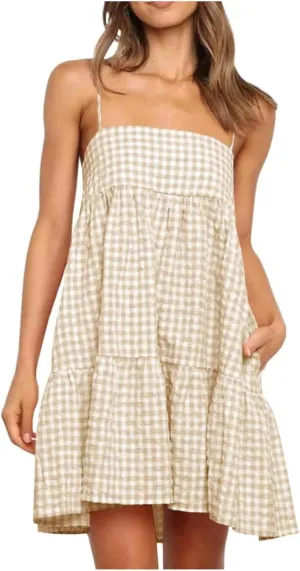 Plaid Dress for Women 2025 Fashion Spaghetti Strap Sleeveless Ruffle Hem Mini Dresses Summer Boho Flowy Beach Dress