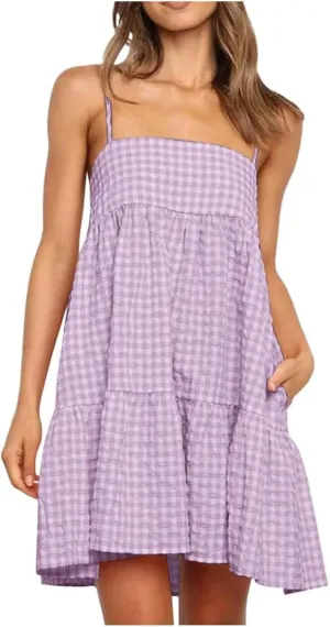 Plaid Dress for Women 2025 Fashion Spaghetti Strap Sleeveless Ruffle Hem Mini Dresses Summer Boho Flowy Beach Dress