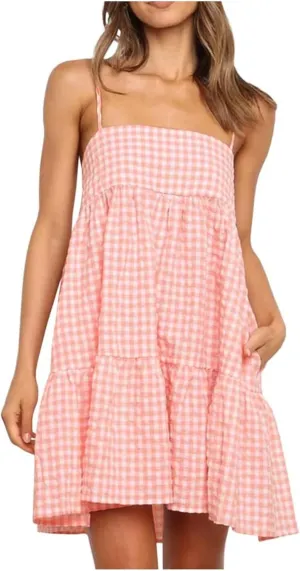 Plaid Dress for Women 2025 Fashion Spaghetti Strap Sleeveless Ruffle Hem Mini Dresses Summer Boho Flowy Beach Dress